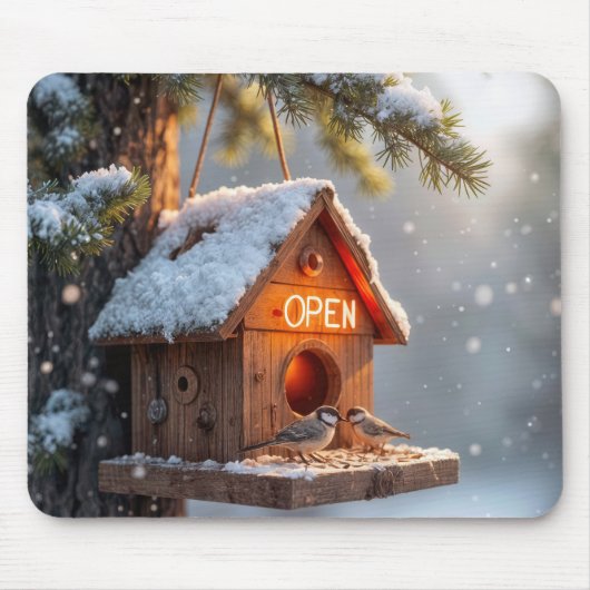 Winter Birdhouse mit Neon Open Sign Mousepad (Vorne)