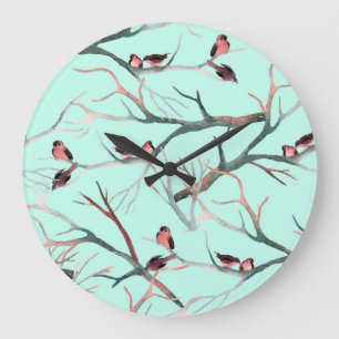 Winter Birds Bäume Branchen Wasserfarbe Große Wanduhr