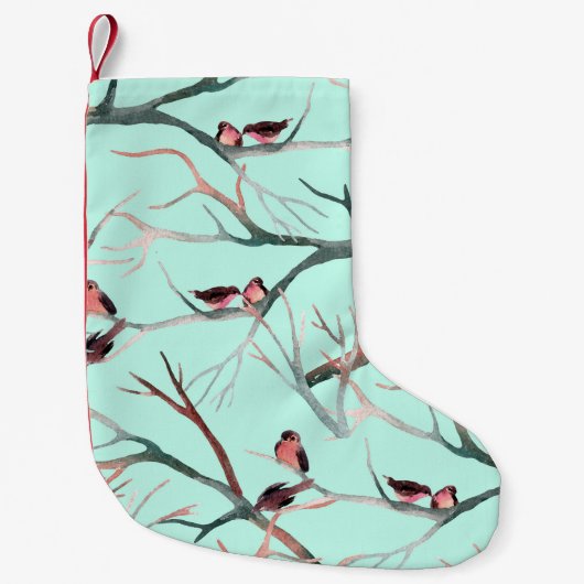 Winter Birds Bäume Branchen Wasserfarbe Kleiner Weihnachtsstrumpf (Vorderseite)