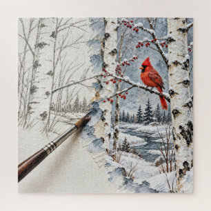 Winter-Birkenwald und Kardinal-Gemälde Puzzle