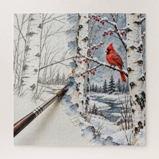 Winter-Birkenwald und Kardinal-Gemälde Puzzle (Vertikal)