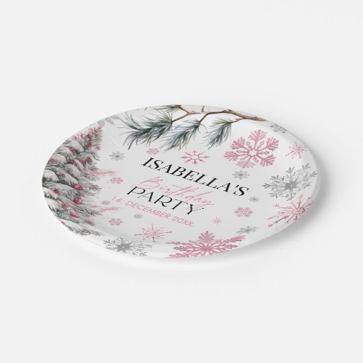 Winter Birthday Pink Pappteller (Schrägansicht)