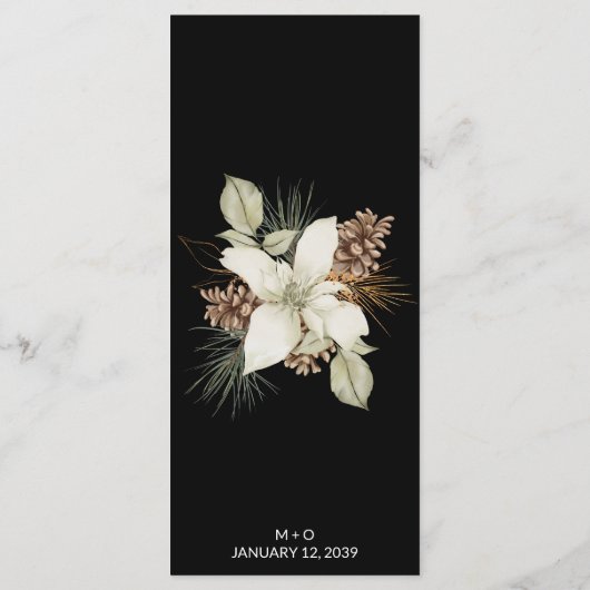 Winter Black and White Elegante Script Wedding Men Menükarte (Rückseite)