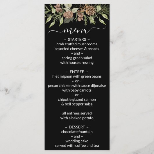 Winter Black and White Elegante Script Wedding Men Menükarte (Vorderseite)