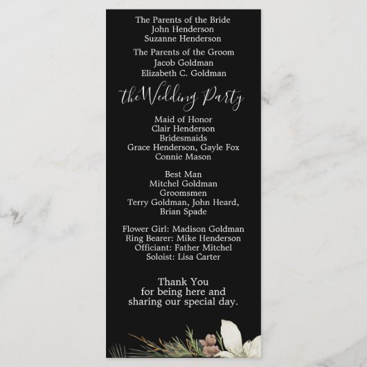 Winter Black Elegant Script Wedding Programm (Rückseite)