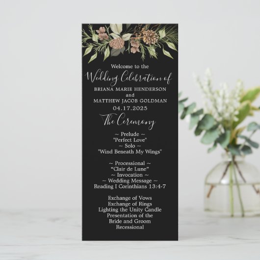 Winter Black Elegant Script Wedding Programm (Stehend Vorderseite)