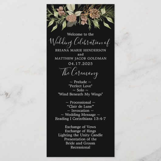 Winter Black Elegant Script Wedding Programm (Vorderseite)