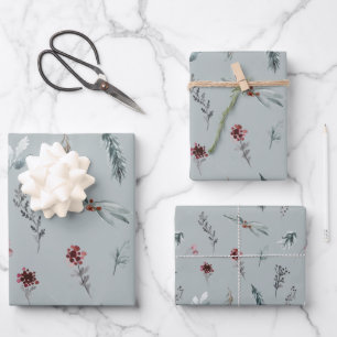 Winter-Blau-Fichte & Gewürzbeeren Salbei Grün Geschenkpapier Set