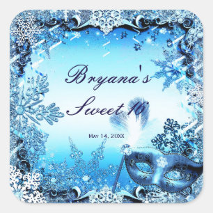 Winter Blau Maskenball-Maske & Schneeflocken Elega Quadratischer Aufkleber