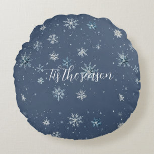Winter Blau Silber Schneeflocken Weihnachten Rundes Kissen