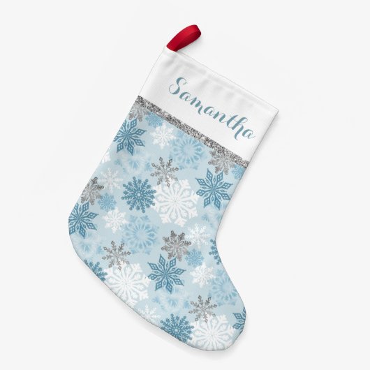 Winter Blau und Silber Personalisiert Kleiner Weihnachtsstrumpf (Vorderansicht (hängend))