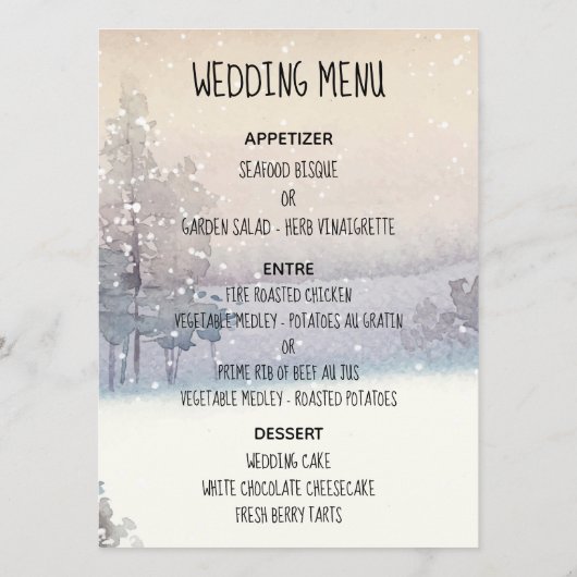 Winter Blau und Weiß Hochzeit Menükarte (Rückseite)