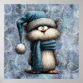 Winter Blau Weihnachtskatze mit Hut und Schal Poster