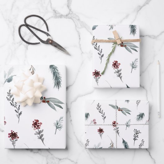 Winter Blaue Fichte & Gewürzte Beeren Weiß Geschenkpapier Set (Vorderseite)