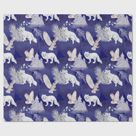 Winter Blaue Fox Owl Pine Bäume Wasserfarbe Geschenkpapier (Flach)