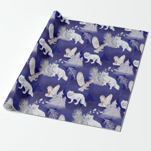 Winter Blaue Fox Owl Pine Bäume Wasserfarbe Geschenkpapier (Ungerollt)