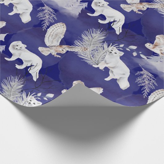 Winter Blaue Fox Owl Pine Bäume Wasserfarbe Geschenkpapier (Ecke)