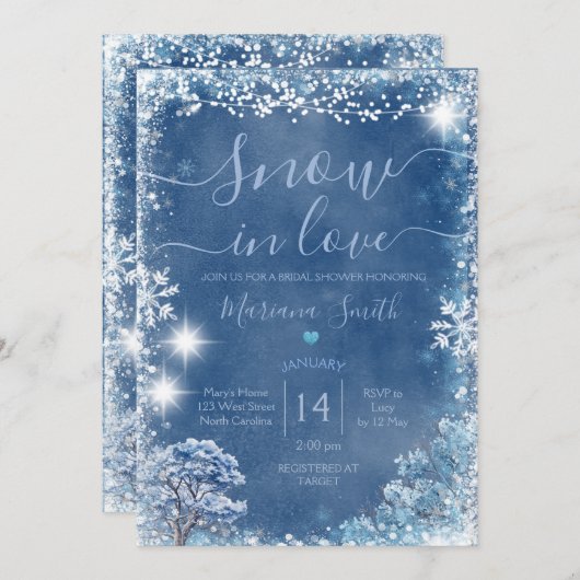 Winter Blauer Schnee in Liebe Brautparty Einladung (Vorne/Hinten)