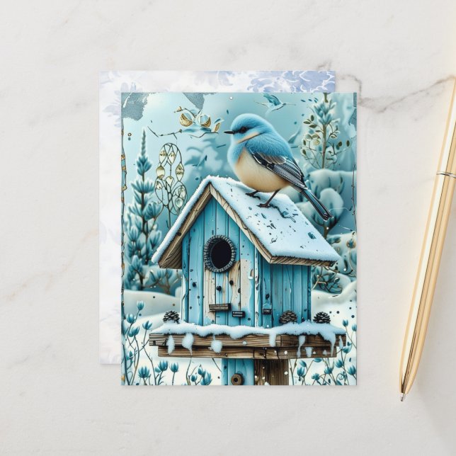 Winter-Blaues-Weihnachts-Rotkehlchen-Scrapbook-Pap (Vorderseite/Rückseite Beispiel)