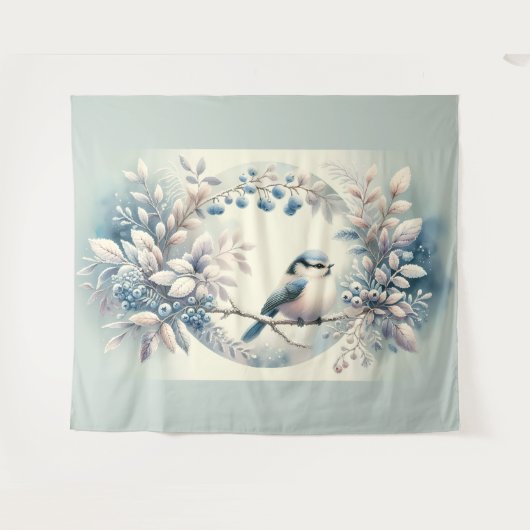 Winter Blaumeisen-Beerenkranz Wandteppich (Vorderseite (Horizontal))