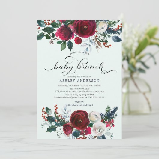 Winter Bloom Floral Baby Dusche Brunch Einladung (Stehend Vorderseite)