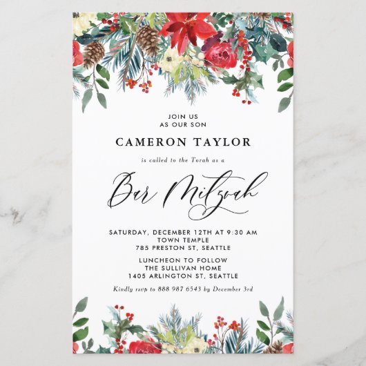 Winter Blooms Floral Bar Mitzvah Einladung (Vorderseite)