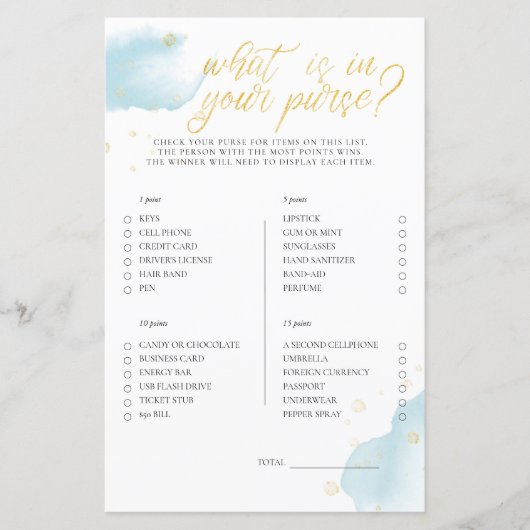 Winter Blue Baby Dusche Spiel, was in Ihrer Tasche (Vorderseite)