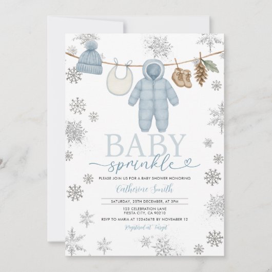 Winter Blue Baby Sprinkle Snowflakes Baby Dusche Einladung (Vorderseite)