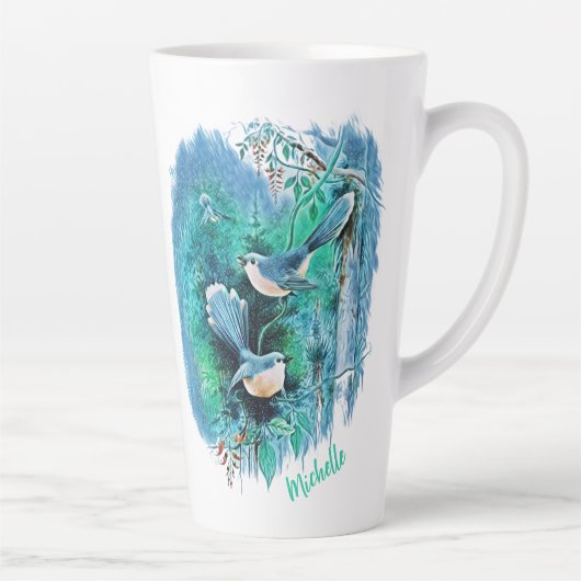 Winter Blue Birds Gemälde mit Name Latte Tasse (Rechts)