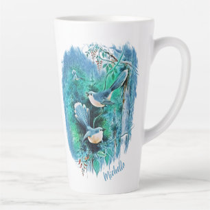 Winter Blue Birds Gemälde mit Name Latte Tasse