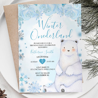 Winter Blue Blumen Snowflake Bär Geburtstag Einladung
