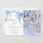 Winter Blue Bow Snowflakes Baby Dusche Foto Dankeskarte (Vorderseite)