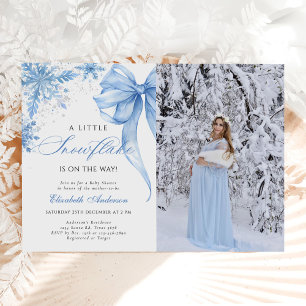 Winter Blue Bow Snowflakes Baby Dusche Foto Einladung