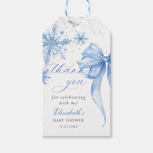 Winter Blue Bow Snowflakes Baby Dusche Geschenkanhänger (Vorderseite)