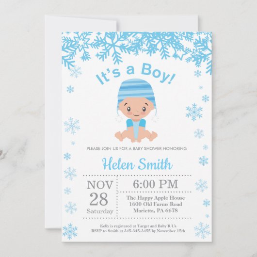 Winter Blue Boy Baby Showflake Einladung (Vorderseite)