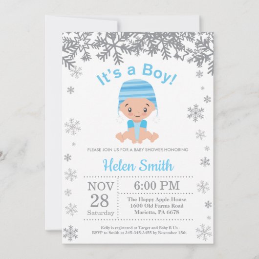 Winter Blue Boy Baby Showflake Einladung (Vorderseite)