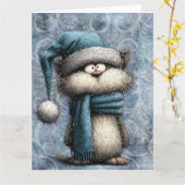 Winter Blue Christmas Cat With Hat And Scarf Karte (Gelbe Blume)
