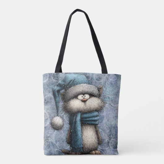 Winter Blue Christmas Cat With Hat And Scarf Tasche (Rückseite)