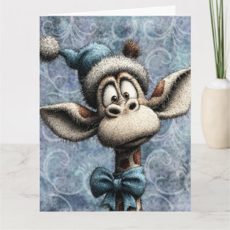 Winter Blue Christmas Cute Giraffe With Hat Karte