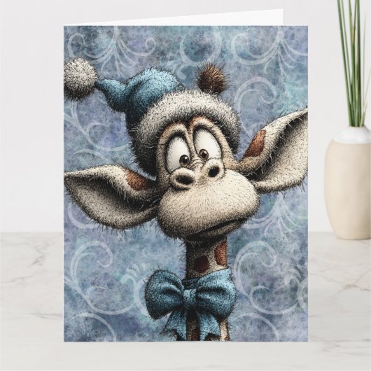 Winter Blue Christmas Cute Giraffe With Hat Karte (Vorderseite)