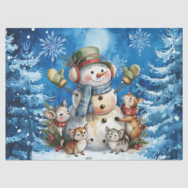 Winter Blue Christmas Snowman & Woodland Animals Seidenpapier