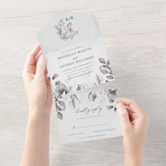 Winter Blue Elegante Hochzeit mit floralen Waterco All In One Einladung (Abreißen)