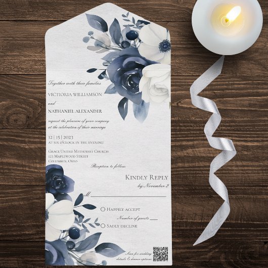 Winter Blue Floral on Marble White QR Code All In One Einladung