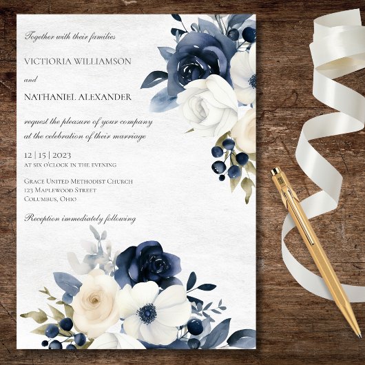 Winter Blue Floral on Marbled White Wedding Einladung