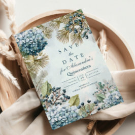 Winter Blue Floral Quinceañera Save The Date