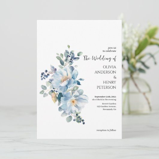 Winter Blue Flowers QR Code Hochzeit Einladung (Stehend Vorderseite)