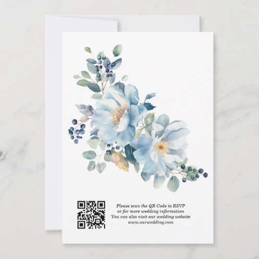 Winter Blue Flowers QR Code Hochzeit Einladung (Rückseite)