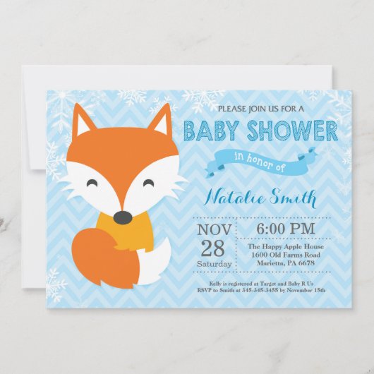 Winter Blue Fox Boy Baby Dusche Einladung (Vorderseite)