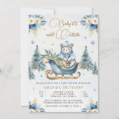 Winter Blue Gold Floral Teddy Bear Baby Dusche Einladung (Vorderseite)