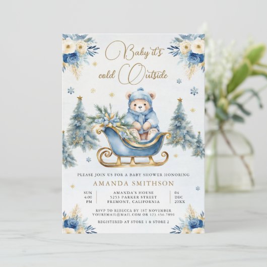 Winter Blue Gold Floral Teddy Bear Baby Dusche Einladung (Stehend Vorderseite)